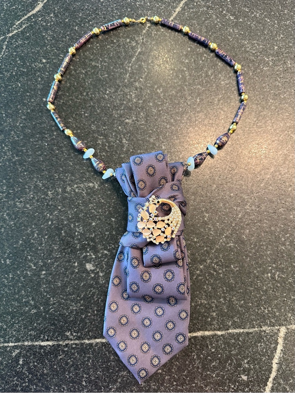 Silk Medallion Tie  necklace in Lavender with Navy Accents peacock brooch
